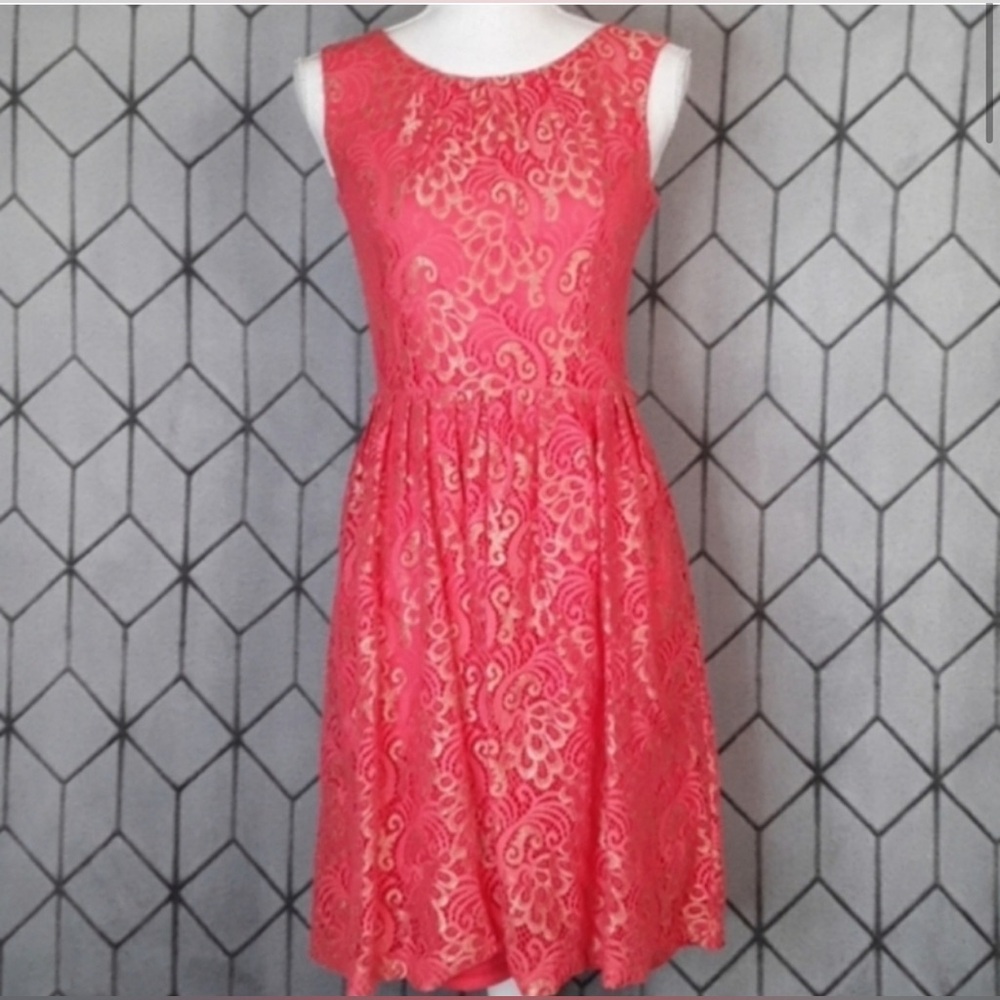 ELLEN TRACY Coral and Gold Dress with Pockets 2